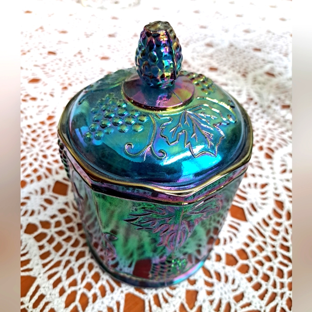 Indiana Glass Blue Iridescent Candy Jar with Grape/Grapevine Design
